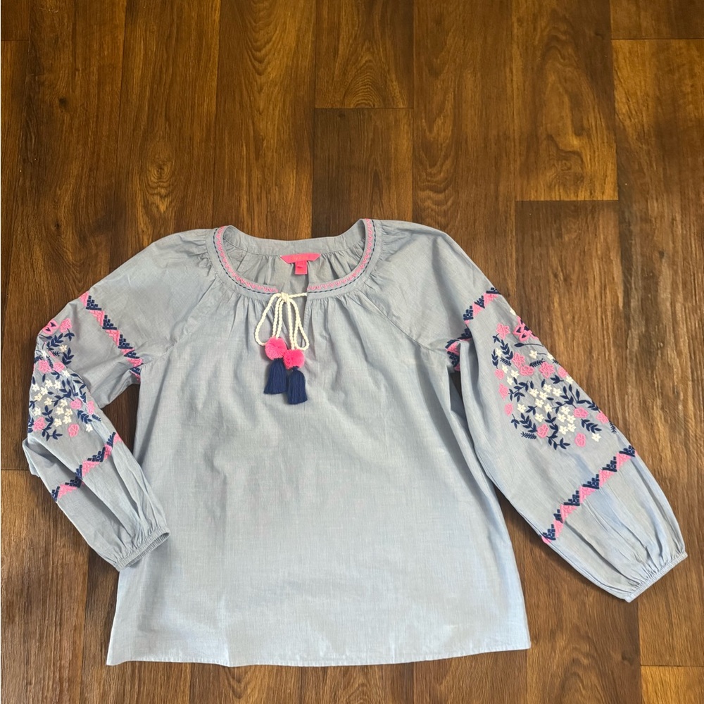 Lilly Pulitzer Light Blue Embroidered Peasant Blouse with Pink & Navy Tassels